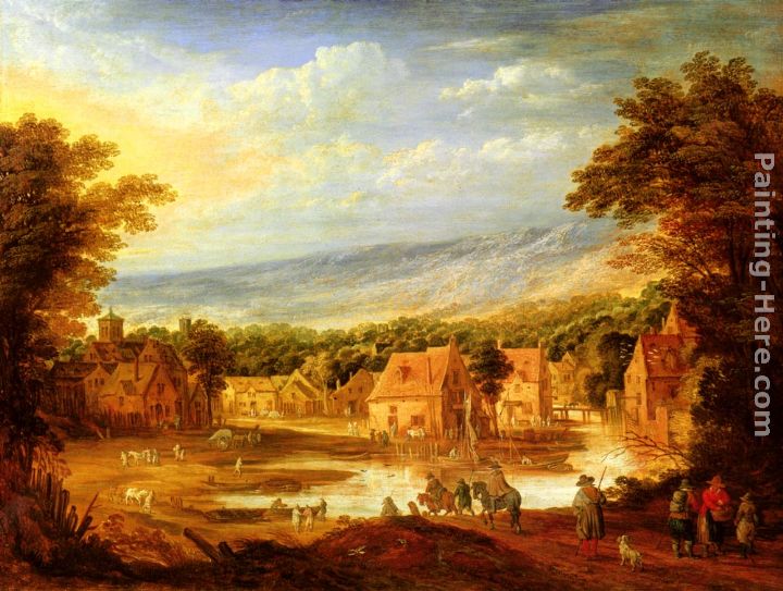 An extensive river landscape with travellers approaching a village painting - Joos De Momper An extensive river landscape with travellers approaching a village art painting